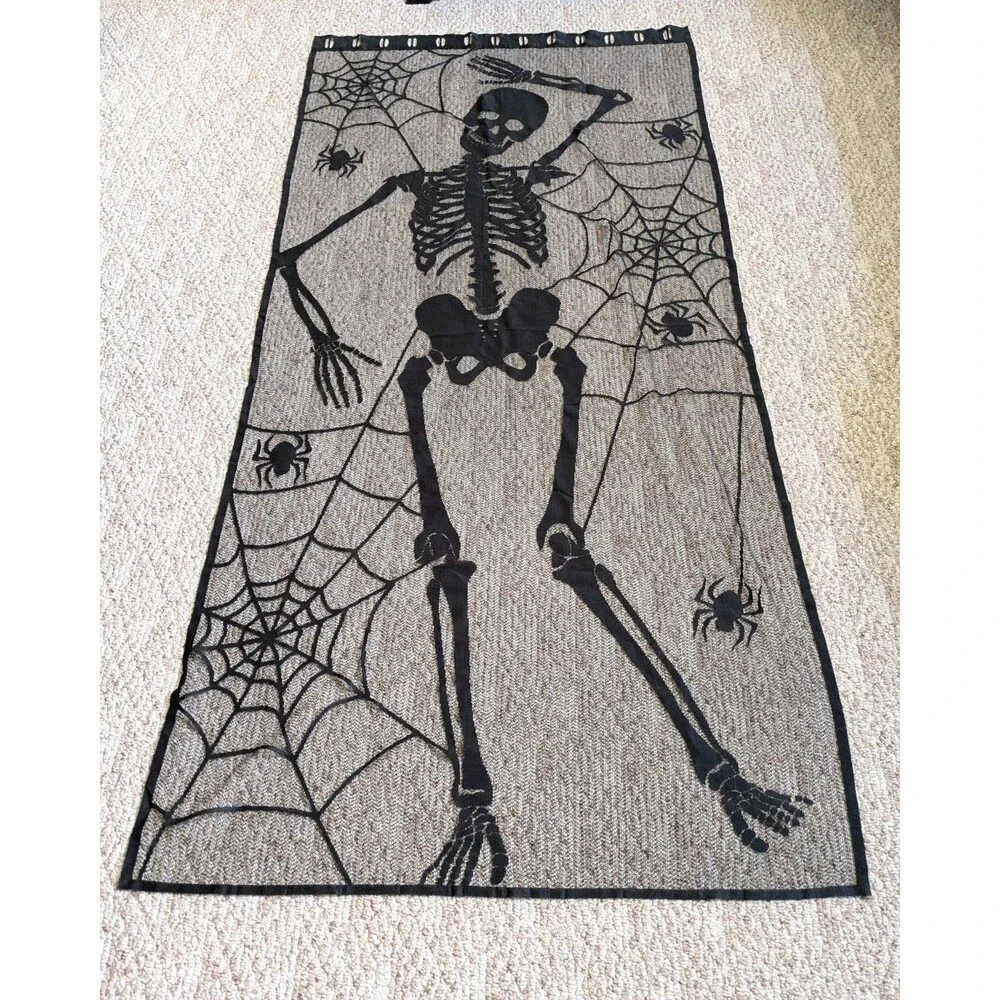 Halloween Black Lace Skeleton Spider Web Curtain Door Panel 79 x 36 inches